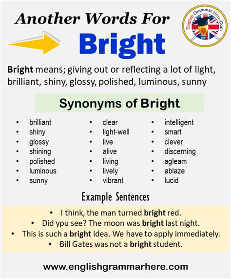 What are similar words for Bright starting with R? Filtred list of synonyms for Bright is here. Random . Synonyms for Bright Synonyms starting with letter R. radiant . shining, lit up, too bright . rosy . promising, hopeful, cheerful . rich . vivid, vivid in color, colors . ... Find Definitions, Similar or Opposite words and terms in the best online ...